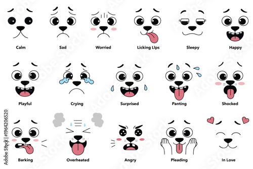 Set of cute cartoon dog faces showing various emotions like happy and sad.