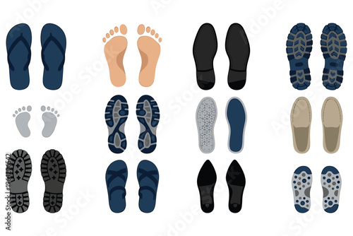 Set of foot print vector collection with various footwear, isolated on white background.