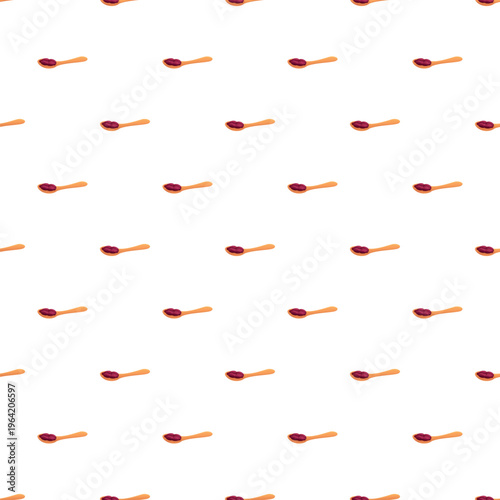 Wooden spoons filled with red berry jam repeating on a white background