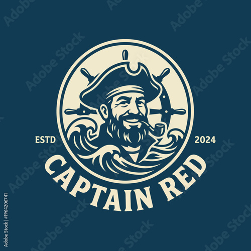 A retro-inspired logo design showcasing Captain Red, a charismatic pirate figure, characterized by his distinctive beard and maritime elements, embodying adventure and nostalgia.