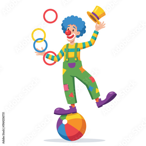 A vibrant clown showcases impressive juggling skills while balancing on a colorful beach ball, bringing joy and amusement in a playful performance full of energy and laughter.