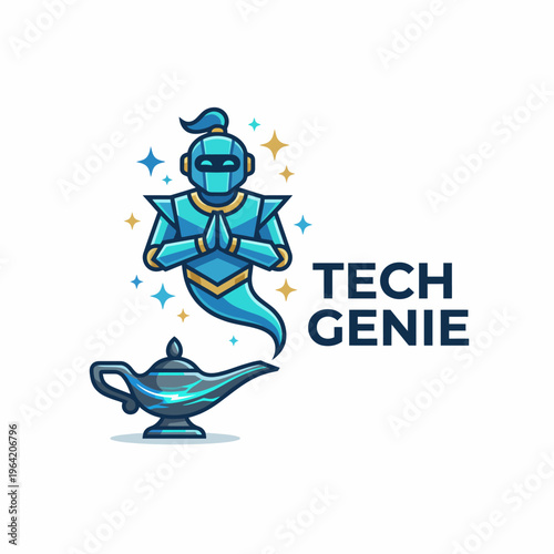 A captivating logo of a tech genie emerging from a lamp, representing magical technology solutions, ideal for tech startups or innovative companies seeking unique branding.