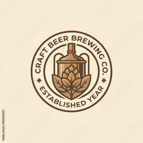 A classic logo for a craft beer brewing company featuring a brewing kettle and hops, embodying the tradition and quality of artisanal beer crafting.