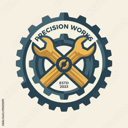 A creative logo design featuring crossed wrenches within a gear, emphasizing craftsmanship and precision, ideal for a workshop or tool brand established in 2023.