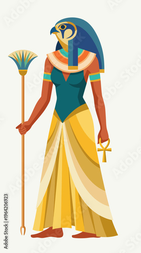 This image showcases an elegant female figure adorned in traditional Egyptian attire, holding a scepter while embodying divinity and strength with her majestic presence.