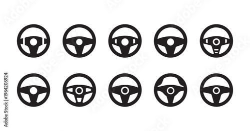 Set of black silhouettes of steering wheels, a collection of flat icons.