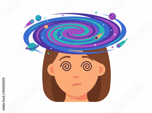 This image shows a person with swirling cosmic elements above their head, representing overthinking and the complexity of human thought and emotions in a colorful design.