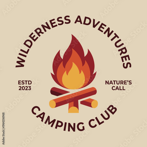 This logo represents a camping club with a bold flame and wood fire graphic, capturing the spirit of adventure, nature, and outdoor activities.