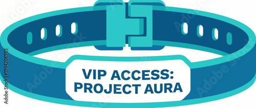 Showcasing a blue VIP access wristband for Project Aura, this image symbolizes exclusivity and premium experiences at events, ideal for discerning attendees.