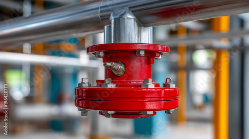 Close-up of a red fire sprinkler system on a ceiling with water pipes network in an industrial building, automated fire suppression concept, defocused background, with copy space