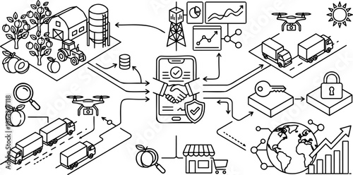 Isometric line art of smart agriculture supply chain and digital contract
