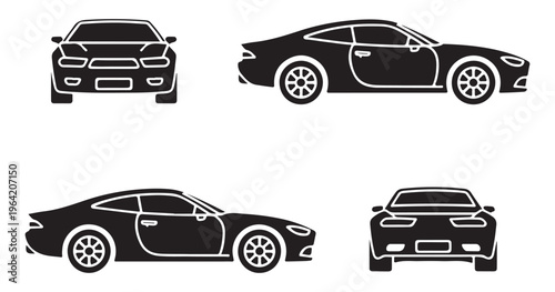 Set of sports car silhouettes front and rear views side profiles isolated on white vector.