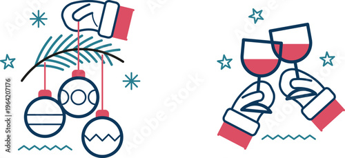 Celebratory winter scene with festive ornaments and wine toast