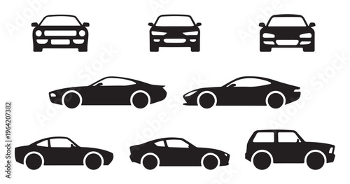 Free Download Various car silhouettes front and side views including coupes SUVs and sedans on white. - GFXLoad