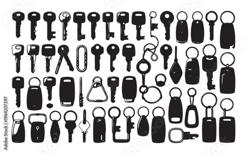 Assorted key silhouettes and remote fobs for vehicles and home security systems on white background.