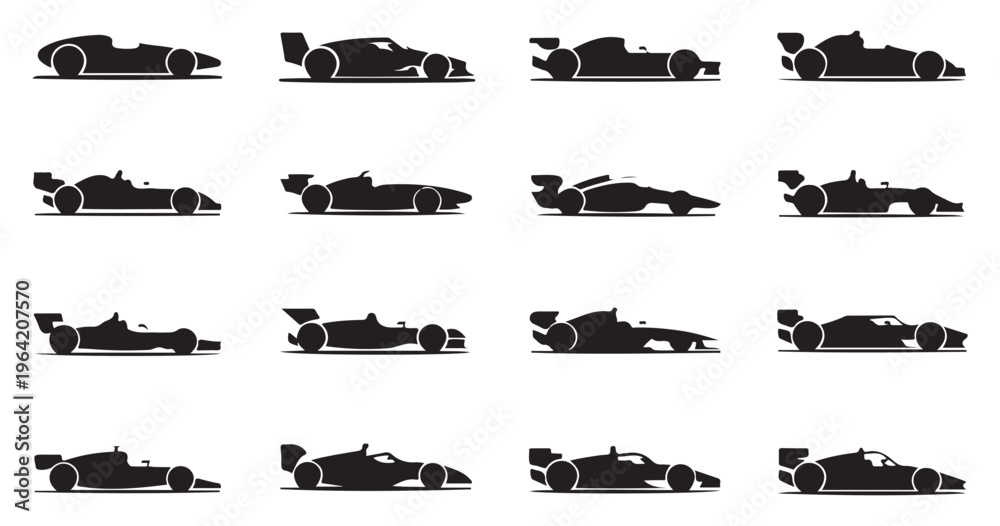 Obraz premium Set of professional race car profile icons for motorsport championship graphics and branding design.