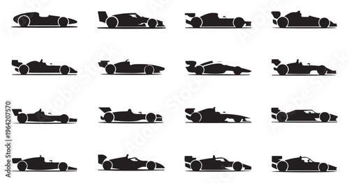 Set of professional race car profile icons for motorsport championship graphics and branding design.