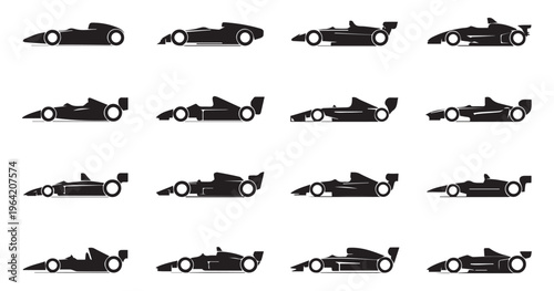 Formula one racing car silhouette collection showing historical and modern open wheel vehicle shapes.