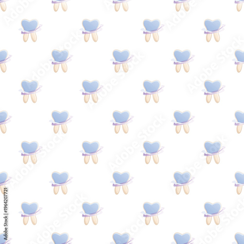 Repeating pattern of cute teeth holding a toothbrush, symbolizing oral hygiene and health