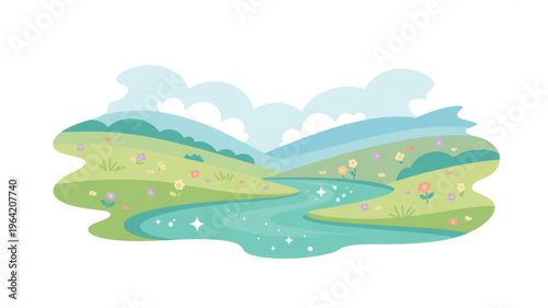 Vibrant spring landscape illustration with a winding river rolling green hills and colorful wildflowers perfect for nature themes and seasonal backgrounds