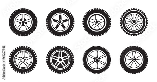 Set of black and white car wheel and tire icons with various styles on a clean white background.