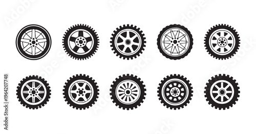 Set of black and white car wheel and tire icons with various styles on a clean white background.
