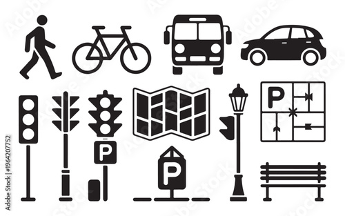 City infrastructure icons featuring traffic lights transportation vehicles and park furniture vector.