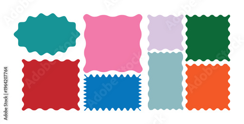 Zig zag edge rectangle shape collection.  Wavy edge frame, circle shape. Geometric shapes with scallop and zigzag edges set. 
