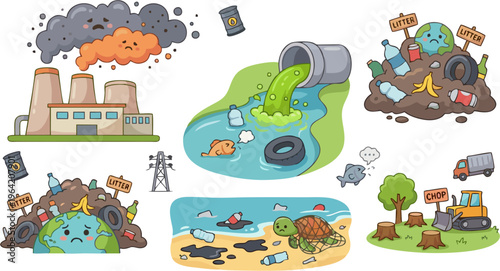 Environmental Pollution Types Set — Cartoon Vector Illustration of Air Pollution, Water Contamination, Land Littering, Ocean Plastic, Oil Spill, and Deforestation with Sad Earth Globe Characters