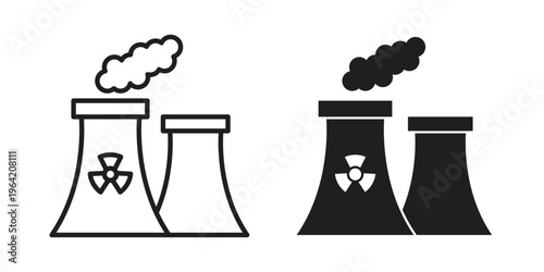 Nuclear power plant icon clipart symbol isolated on white background. Flat and stroke designs.