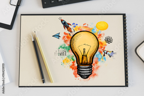 Creative lightbulb sketch with colorful abstract symbols on a notebook page representing idea, invention and creative concept in artistic style. 3D Rendering