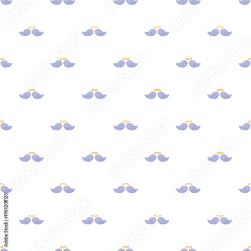 Whimsical repeated blue mustaches with golden halos creating a seamless pattern