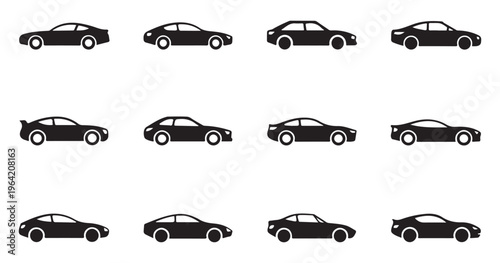 Sport car side view silhouettes showing sleek aerodynamic profiles and different automotive bodywork.