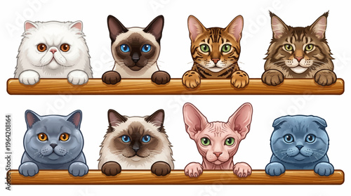 Collection of Eight Different Popular Cat Breeds Illustration Featuring Persian Siamese Bengal Maine Coon Sphynx and More Peering Over Wooden Boards on White