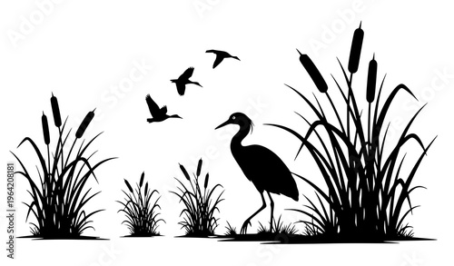Decorative Bird in Cattails Wetland Silhouette with Flying Birds Vector