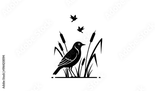 Minimal Wetland Bird Silhouette with Cattails Flying Birds Vector