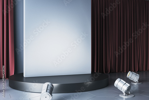 Minimal stage setup featuring a blank vertical panel on a round podium with spotlights and draped curtains, ideal for product presentation mockups. 3D Rendering