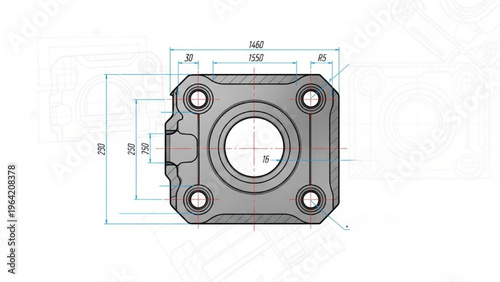 Vector CAD design style showcases detailed mechanical component dimensions