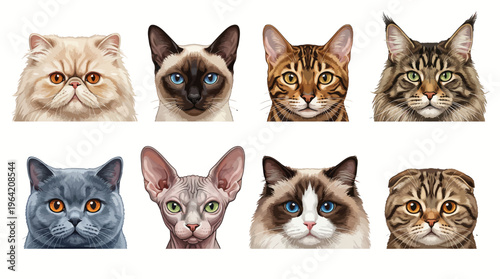 Detailed collection of eight diverse cat breed portraits featuring Persian, Siamese, Bengal, Maine Coon, British Shorthair, Sphynx, Ragdoll, and Scottish Fold.