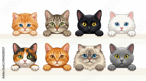 Cute Illustration of Eight Different Cat Breeds Peeking Over a White Edge, Featuring Ginger, Tabby, Black, White, Calico, and Grey Kittens with Big Bright Eyes.