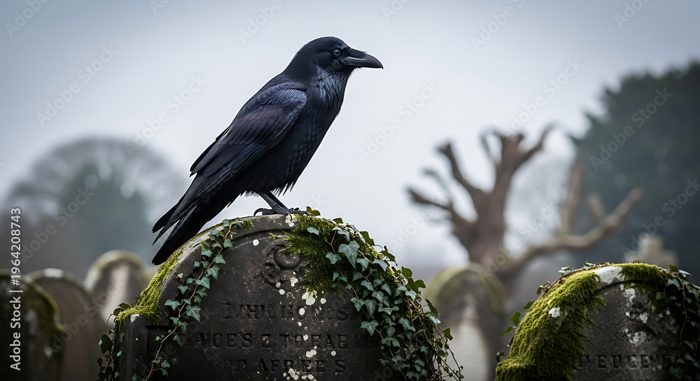 Naklejka premium A black raven perched on a weathered tombstone in a misty graveyard on transparent background