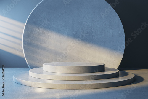 Minimalist concrete podium with circular backdrop in soft light forming an elegant modern stage for clean product presentation and branding mockup design. 3D Rendering