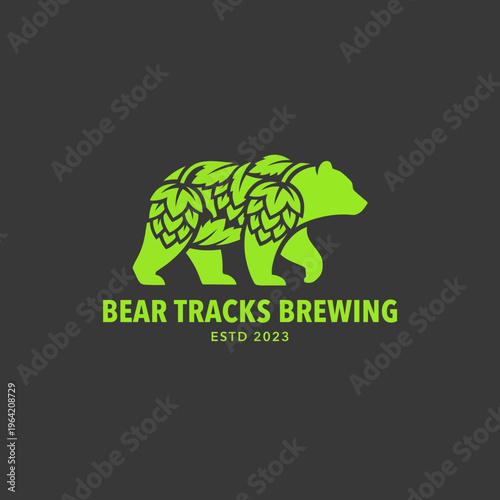 This logo design illustrates a bear filled with green hops, effectively capturing the essence of craft brewing and its connection to nature, wilderness, and quality ingredients.