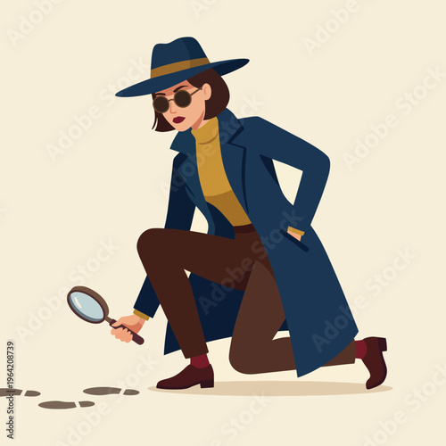 A stylish detective kneels and inspects evidence using a magnifying glass, showcasing her detective skills and dedication to solving mysteries in a vibrant cartoon style.