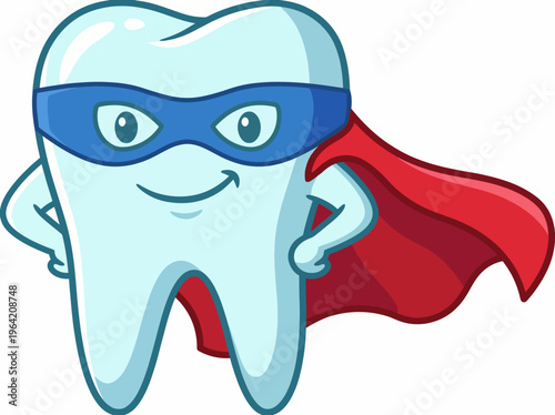 This charming illustration depicts a superhero tooth character, promoting dental hygiene and health. A fun way to engage children in learning about oral care practices.