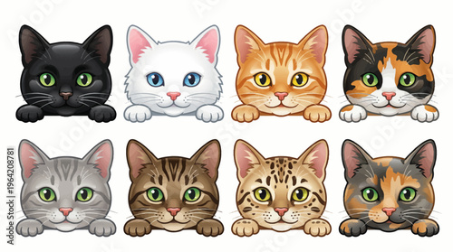 Collection of eight cartoon cat heads peeking over a border with paws including black white ginger tabby calico and tortoiseshell breeds on white background.