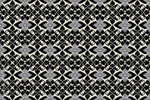 Elegant Seamless Gothic Art Deco Geometric Pattern in Black, Grey, and Cream