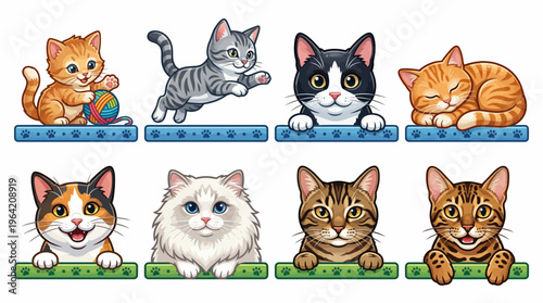Cute Cartoon Cat Collection Featuring Various Breeds like Tabby Calico and Persian Kittens in Playful Poses on Colorful Paw Print Ledges with Yarn and Sleeping