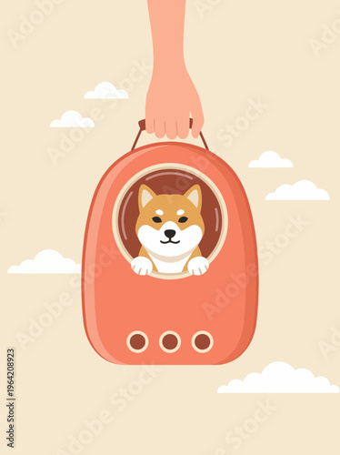 This charming illustration depicts a cute dog peering from a stylish pet carrier, floating amidst soft clouds, representing the joy of pet ownership and travel adventures.