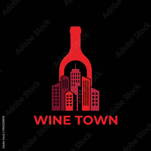 A sleek logo design for Wine Town, featuring a city skyline enclosed in a wine bottle silhouette, showcasing sophistication and urban charm in the wine industry.